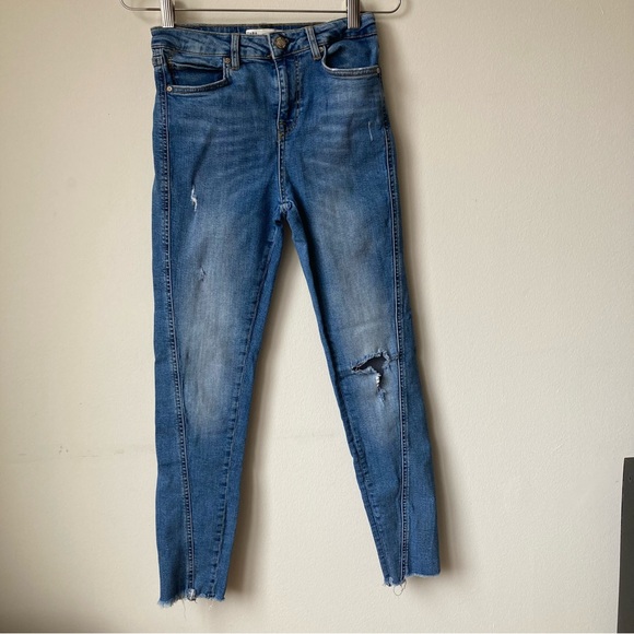 Zara Deconstructed Ripped Skinny Jeans Stretch Blue Women 4 High Waist Rise Raw - Picture 1 of 6